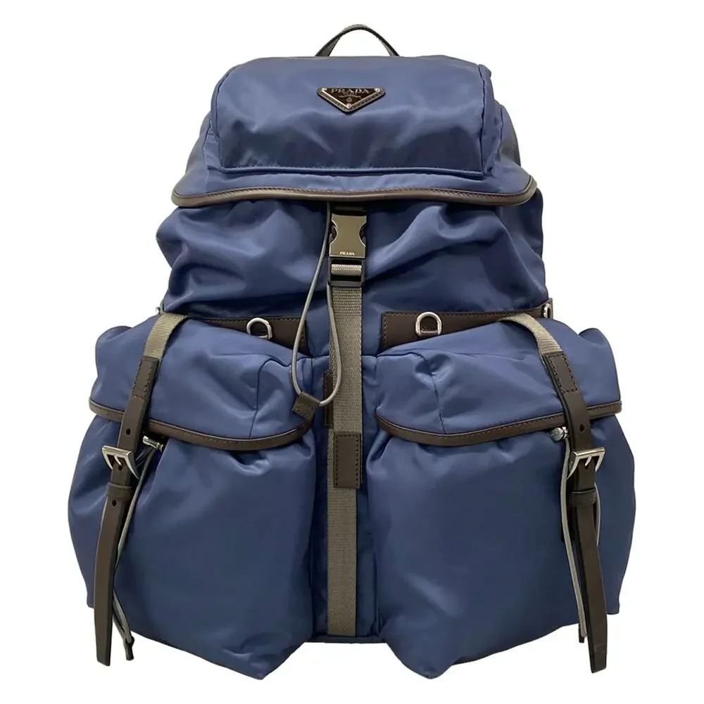Prada Re-Nylon × Leather Backpack 2VZ117 Aviazione (Blue) Dark Brown Nylon